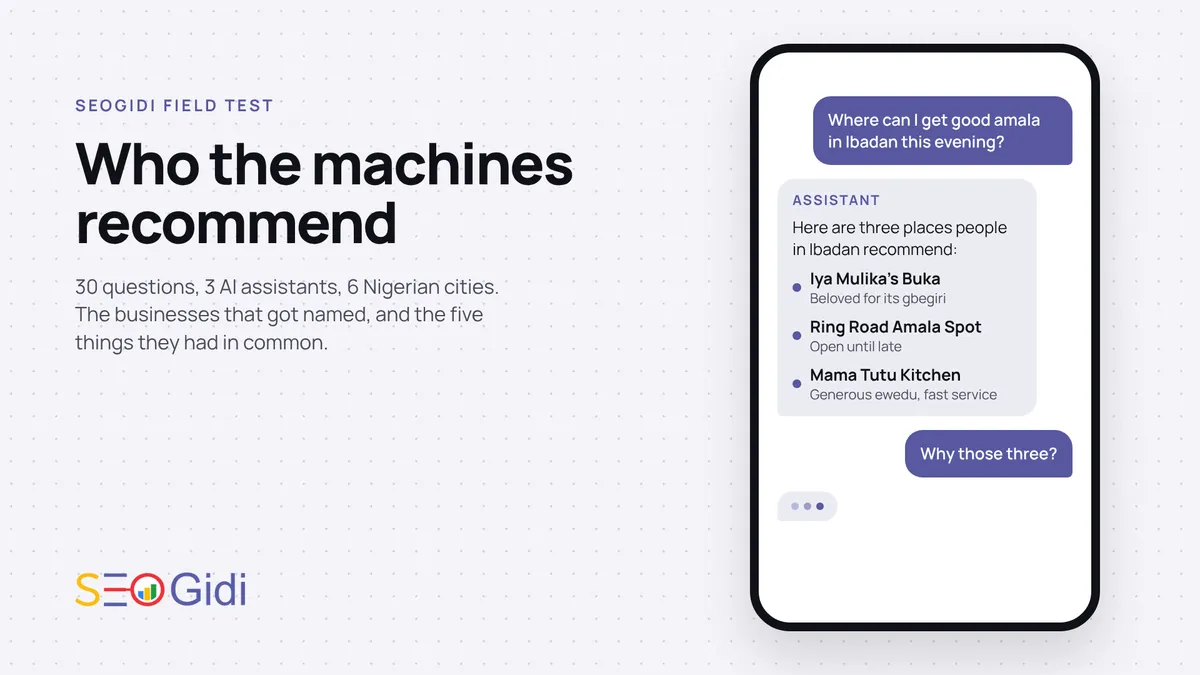 A phone showing an AI assistant answering 'where can I get good amala in Ibadan this evening' with three named businesses, next to the headline Who the machines recommend