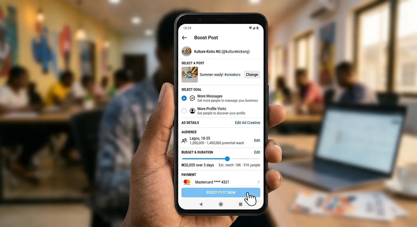 Instagram Boost Post screen on a phone: ₦20,000 over five days to reach Lagos, 18 to 35, the advice most Nigerian small businesses get first