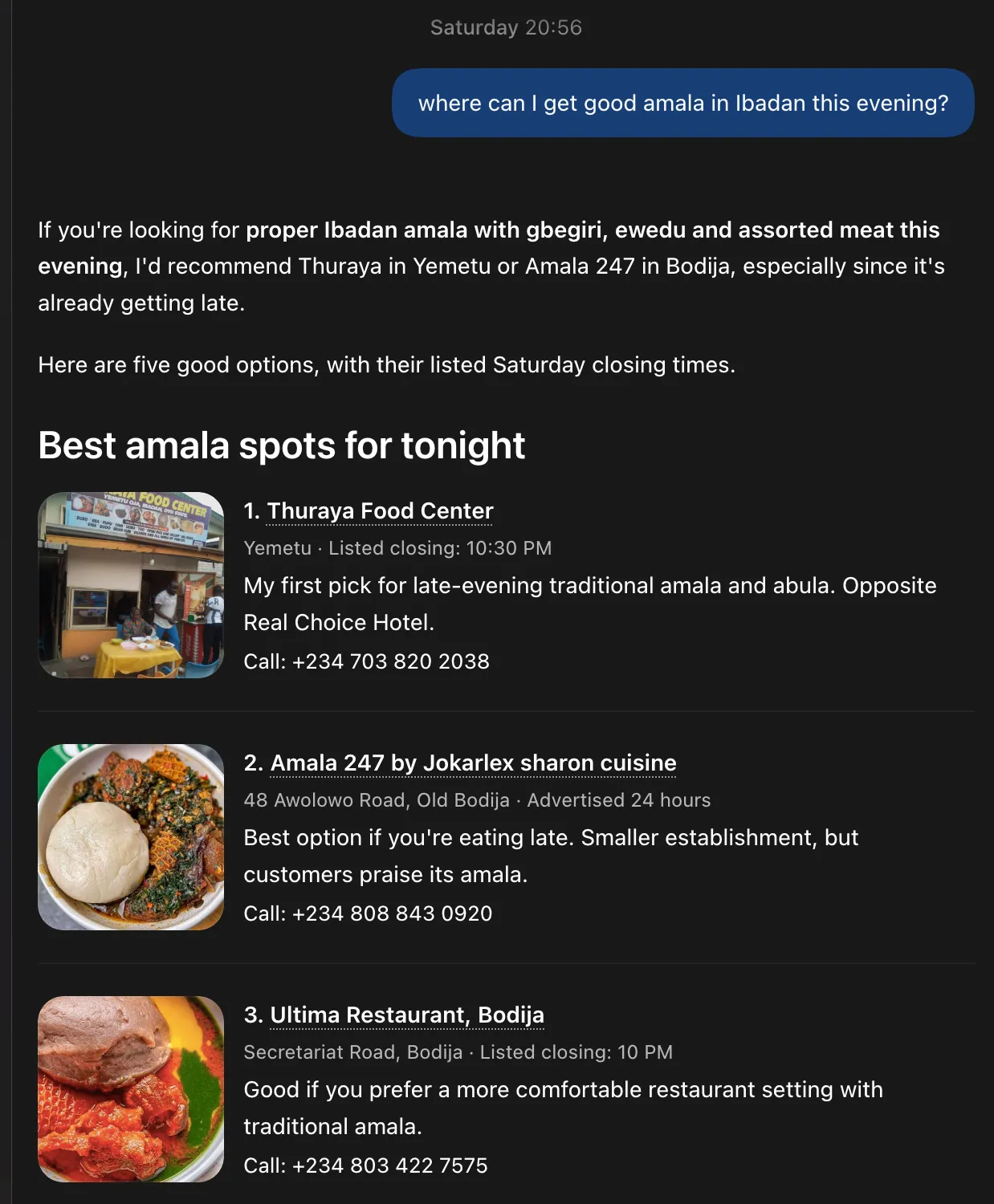 ChatGPT answering “where can I get good amala in Ibadan this evening” with five named restaurants, their closing times and phone numbers