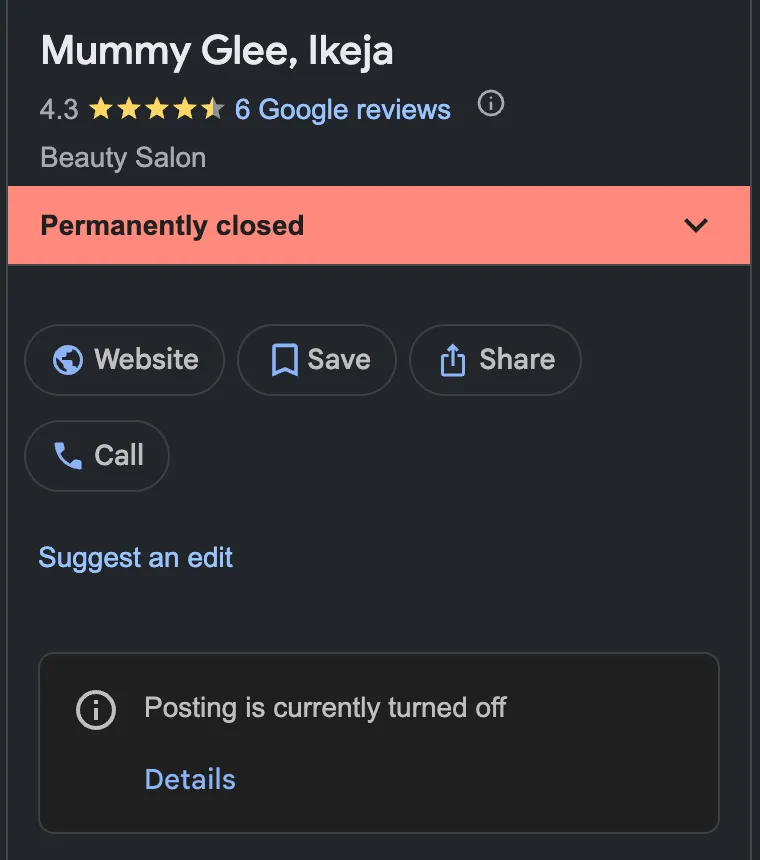 Google listing for a beauty salon in Ikeja marked Permanently closed, with 4.3 stars from six reviews, still linked to Instagram and TikTok